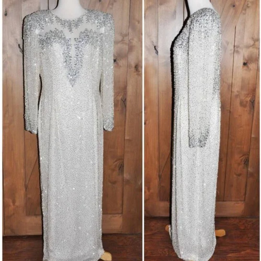 Balmain Inspired Long Sleeve White Sparkle Gown Size 12/14 Silver & PearlBeaded
